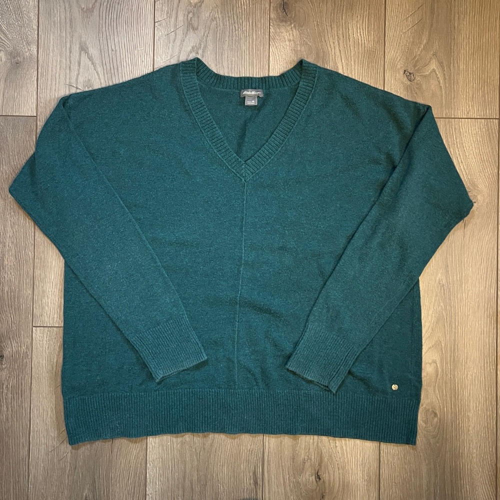 Eddie Bauer‎ Womens XL Teal Green V Neck Sweater 100% Cotton